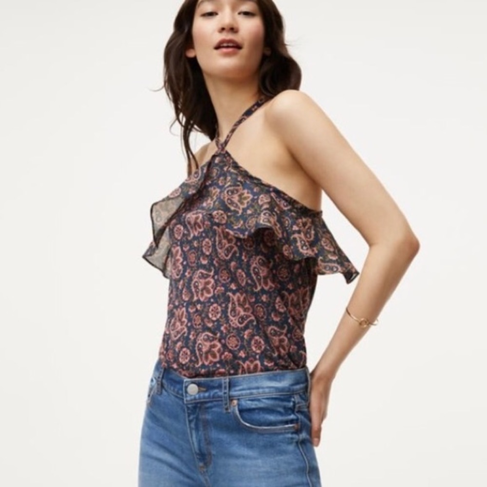 Loft ruffle mixed media paisley top nwt